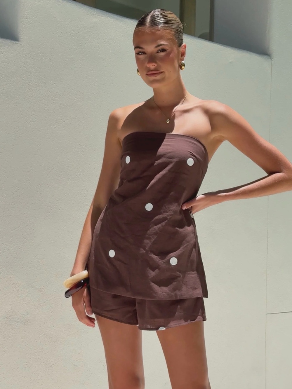 BILLY J | By Frankie Strapless Brown Polka Dot Cotton Top